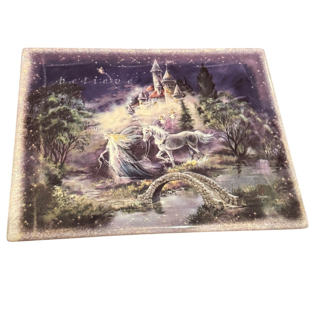 Bradford Exchange Follow Your Dream Ceramic Tile Fairy Unicorn Castle Plaque